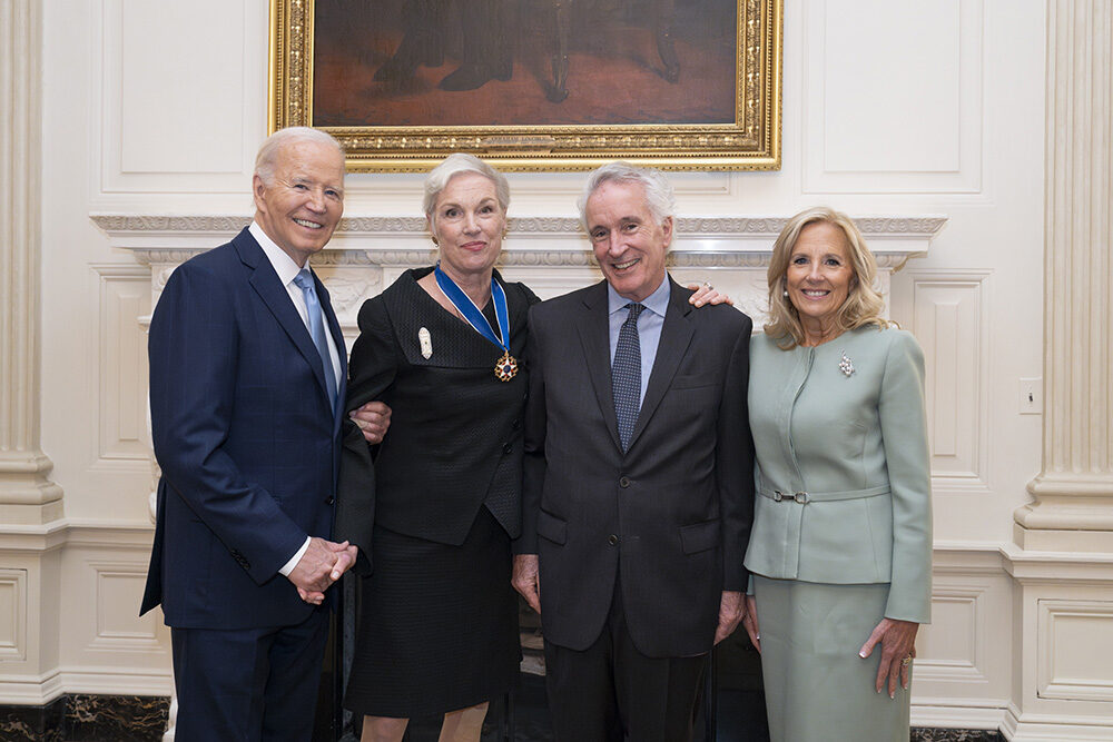 President Joe Biden and First Lady Jill Biden pose for a photo with Cecile Richards, former president of Planned Parenthood, and her husband Kirk Adams after awarding Richards the Presidential Medal of Freedom, Wednesday, November 20, 2024, in the State Dining Room of the White House. (Official White House Photo by Erin Scott)