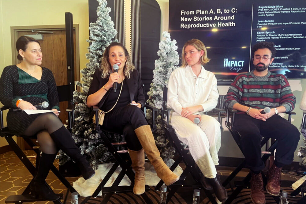 L–R:  Vicki Shabo, Regina Davis Moss, Jess Jacobs, and Humza Syed in conversation about narrative, power, and care.