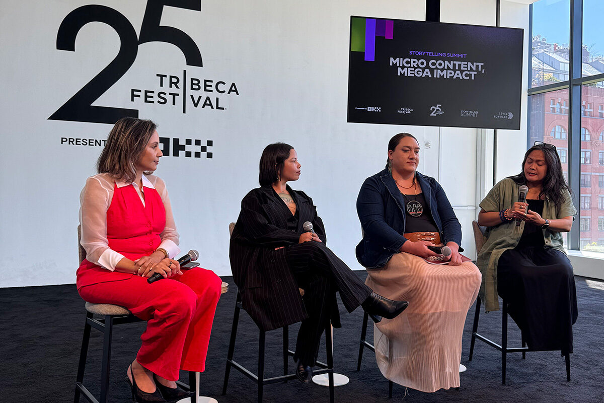 From left: Dr. Regina Davis Moss, Amanda "iiritu" Morell, Prairie Rose Seminole, and moderator Carmelyn P. Malalis during Micro Content, Mega Impact at the 2026 Tribeca Storytelling Summit.
